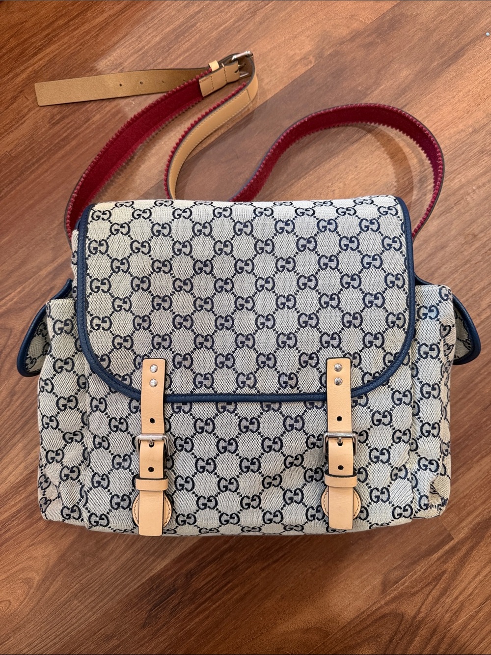 Gucci Navy GG Canvas Diaper Bag with Navy Trim and Tan Straps